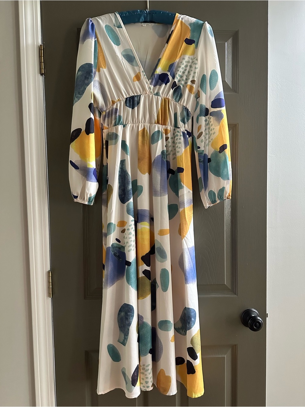 Cream Maxi Dress with Yellow, Teal, Blue and Navy Abstract Print